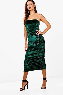 Boohoo Bandeau Velvet Ruched Detail Midi Dress