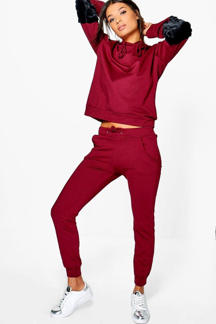 Boohoo Emma Boutique Velour Sleeve Hoody Lounge Set Wine
