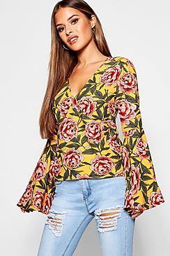 Boohoo Petite Flare Sleeve Lace Up Back Crop Top