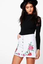 Boohoo Beth Embroidered Button Through Denim Skirt White