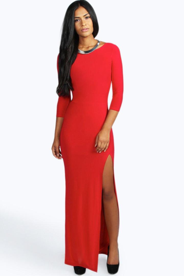 Boohoo Petite Candice Side Split Slinky Maxi Dress Red