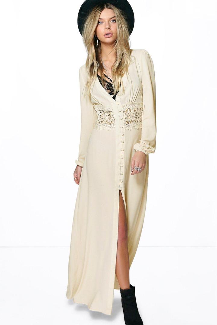 Boohoo Boutique Kia Lace Waist Sleeve Button Maxi Dress Ecru