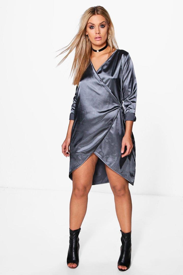 Boohoo Plus Eliana Satin Tie Wrap Dress Smoke
