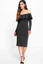 Boohoo Jayne Off Shoulder Frill Midi Bodycon Dress Black