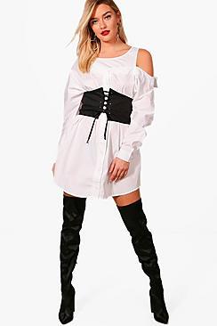 Boohoo Becky Off The Shoulder Corset Belt Shirt Dress