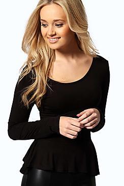 Boohoo Aliya Long Sleeve Viscose Peplum Top