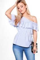 Boohoo Plus Keely Stripe Ruffle One Shoulder Blouse Blue