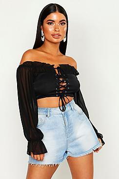 Boohoo Petite Lace Up Blouson Sleeve Corset Top