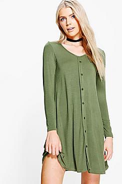 Boohoo Jess Long Sleeve Button Swing Dress