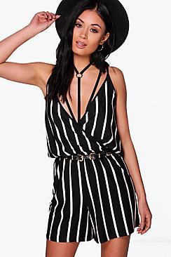 Boohoo Kayla Wrap Over Cami Striped Playsuit