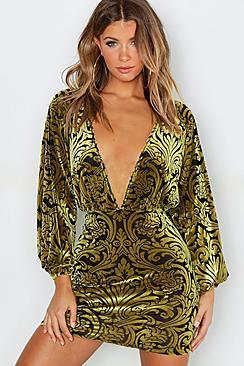 Boohoo Mustard Devore Velvet Dress