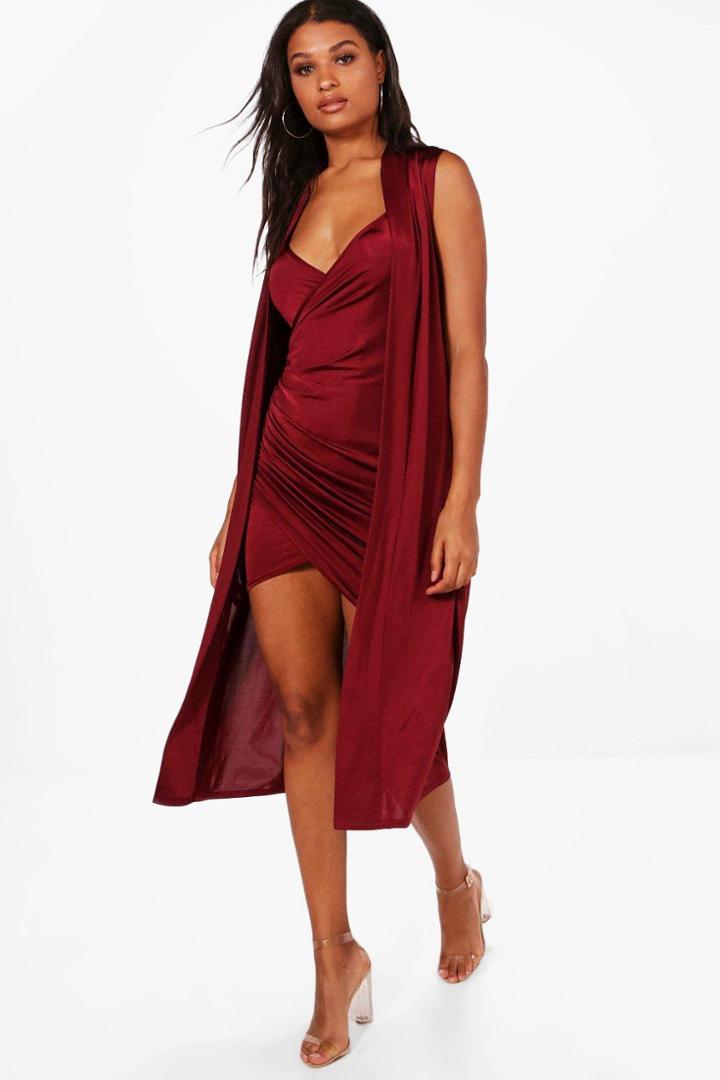 Boohoo Isla Wrap Drape Dress & Duster Co-ord Berry