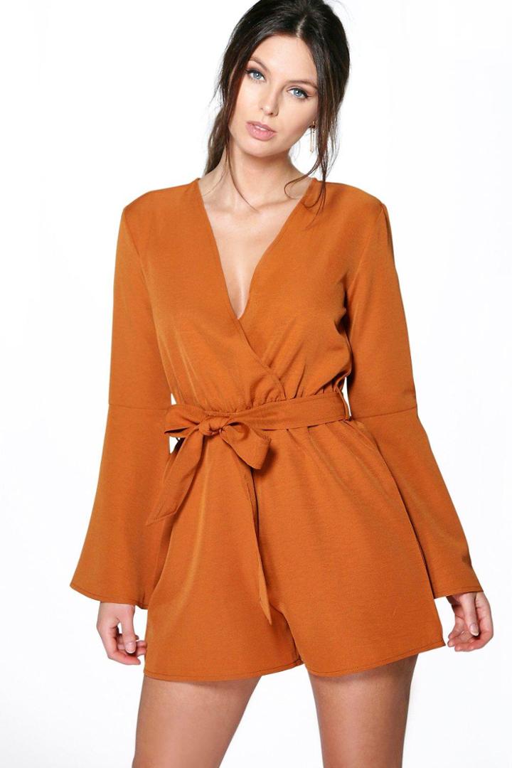 Boohoo Zoe Flare Sleeve Self Belted Playsuit Chestnut