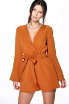 Boohoo Zoe Flare Sleeve Self Belted Playsuit Chestnut