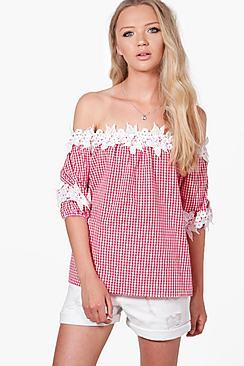 Boohoo Willow Gingham Crochet Bardot Top