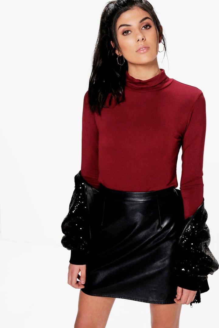Boohoo Helen Long Sleeve Roll Neck Top Wine
