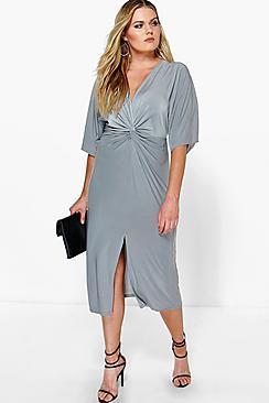 Boohoo Plus Esme Kimono Sleeve Wrap Front Midi Dress