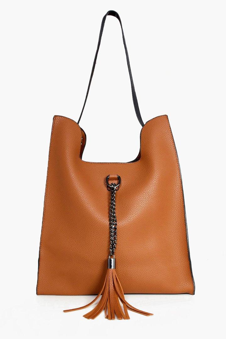 Boohoo Sadie Colourblock Metal & Tassel Shopper Bag Tan