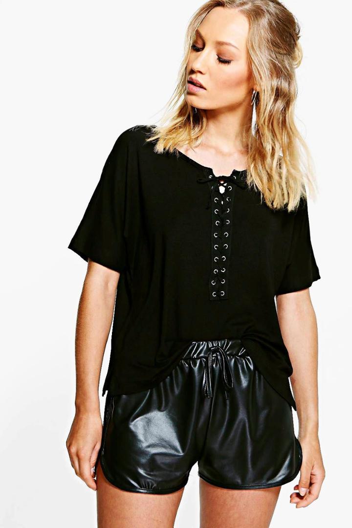 Boohoo Lola Lace Up Boxy Short Sleeve Tee Black
