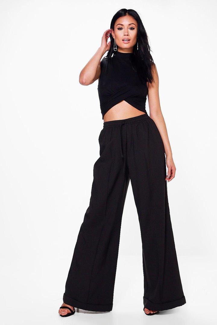 Boohoo Aurelia Wide Leg Turn Up Tailored Trousers Black