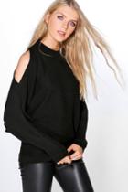 Boohoo Bella Cold Shoulder Rib Knit Oversized Jumper Black