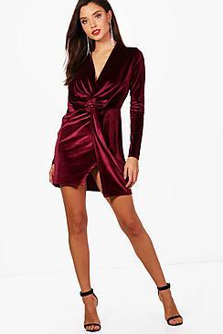 Boohoo Elsie Velvet Twist Detail Bodycon Dress