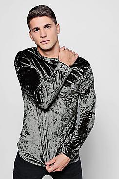 Boohoo Long Sleeve Crushed Velour T-shirt In Muscle Fit