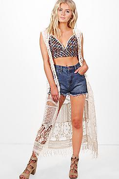 Boohoo Charlotte Long Length Crochet Cardi With Tassles