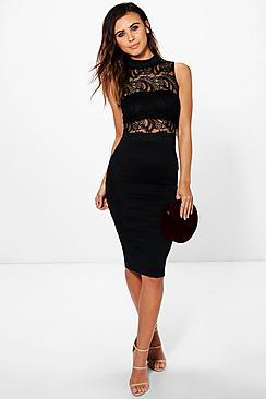 Boohoo Petite Viki Lace Top Turtle Neck Midi Dress