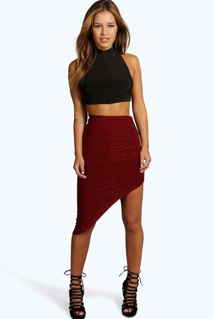 Boohoo Petite Irene Asymetric Slinky Skirt Wine