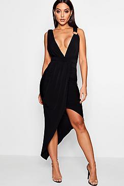 Boohoo Ruby Plunge Neck Drape Detail Midi Dress