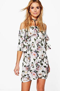 Boohoo Araceli Off Shoulder Ruffle Shift Dress