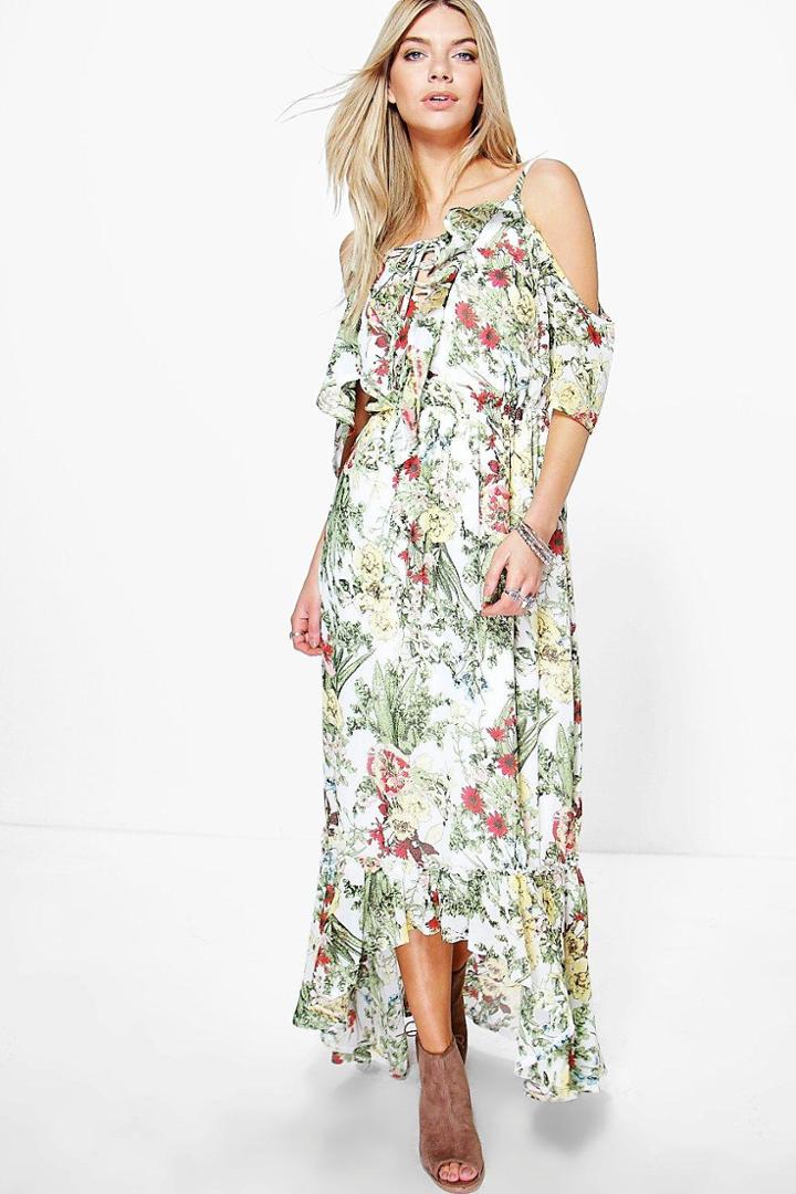 Boohoo Cari Floral Print Ruffle Neck Maxi Dress Ivory