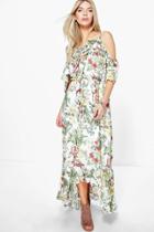 Boohoo Cari Floral Print Ruffle Neck Maxi Dress Ivory