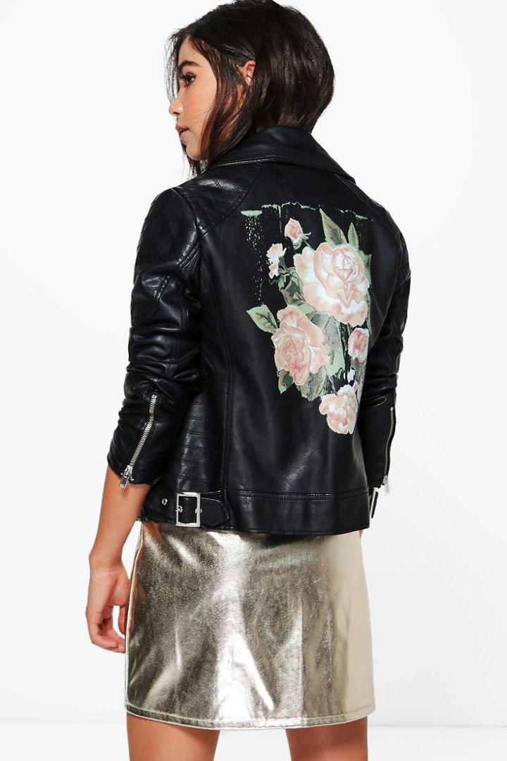 Boohoo Ruby Floral Print Pu Biker Jacket Black