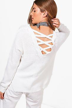 Boohoo Frances Fisherman Rib V-neck Lace Up Back Jumper