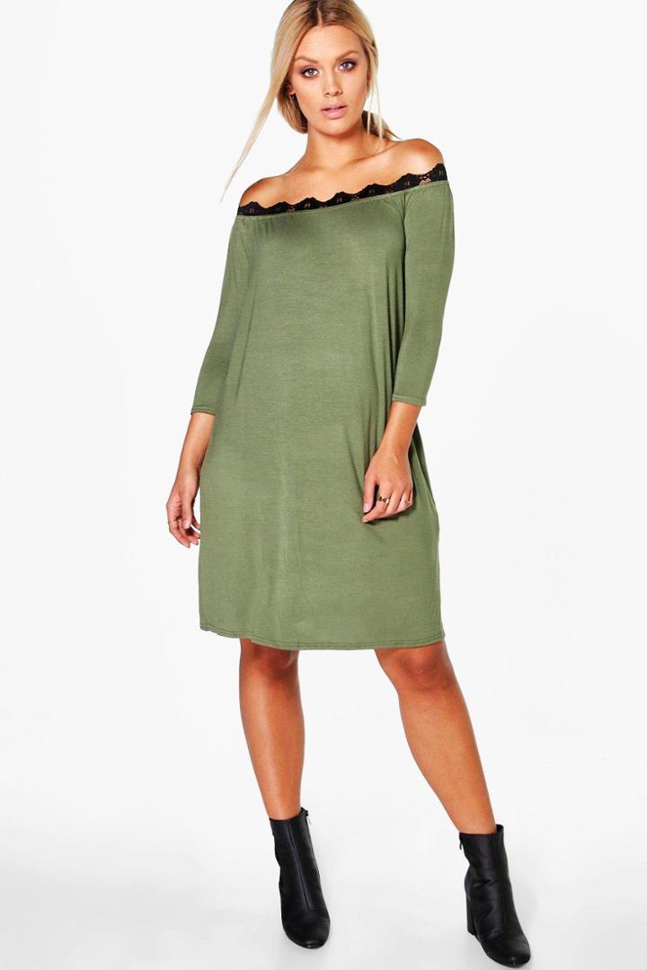 Boohoo Plus Clara Lace Off Shoulder Shift Dress Khaki