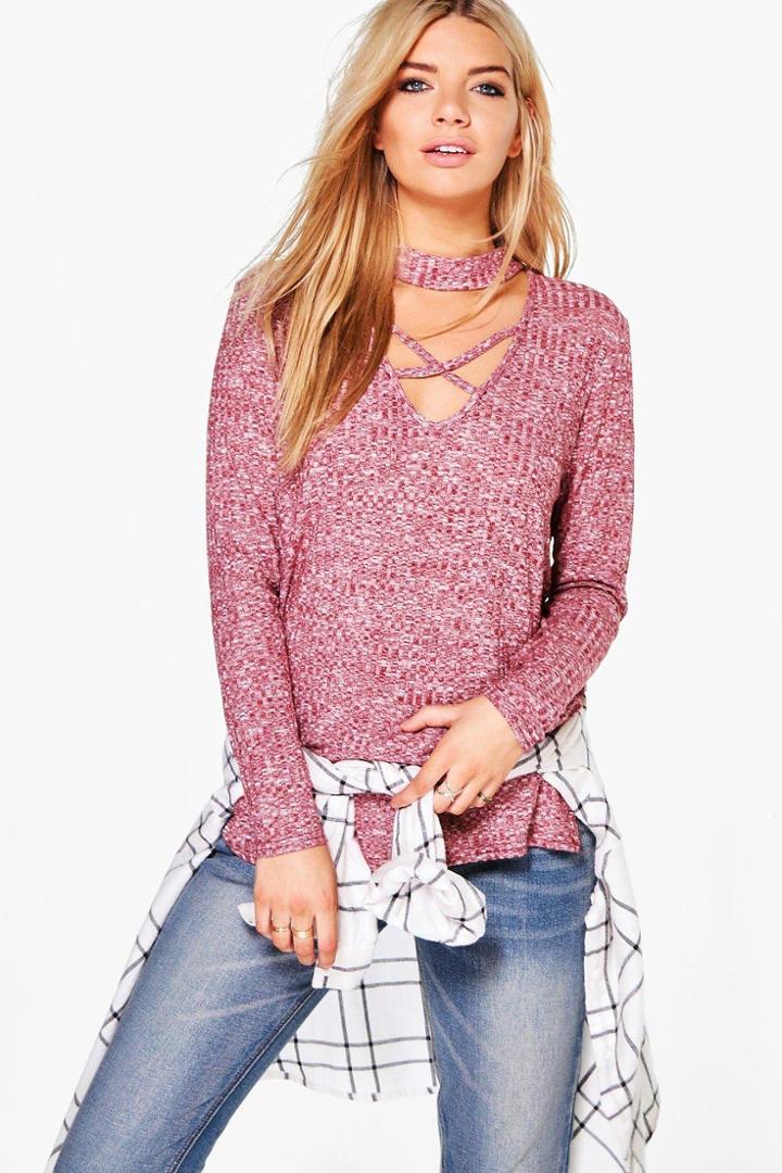 Boohoo Rosey Ribbed Strappy Choker Tee Rust