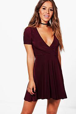 Boohoo Petite Charlotte Plunge Wrap Front Skater Dress
