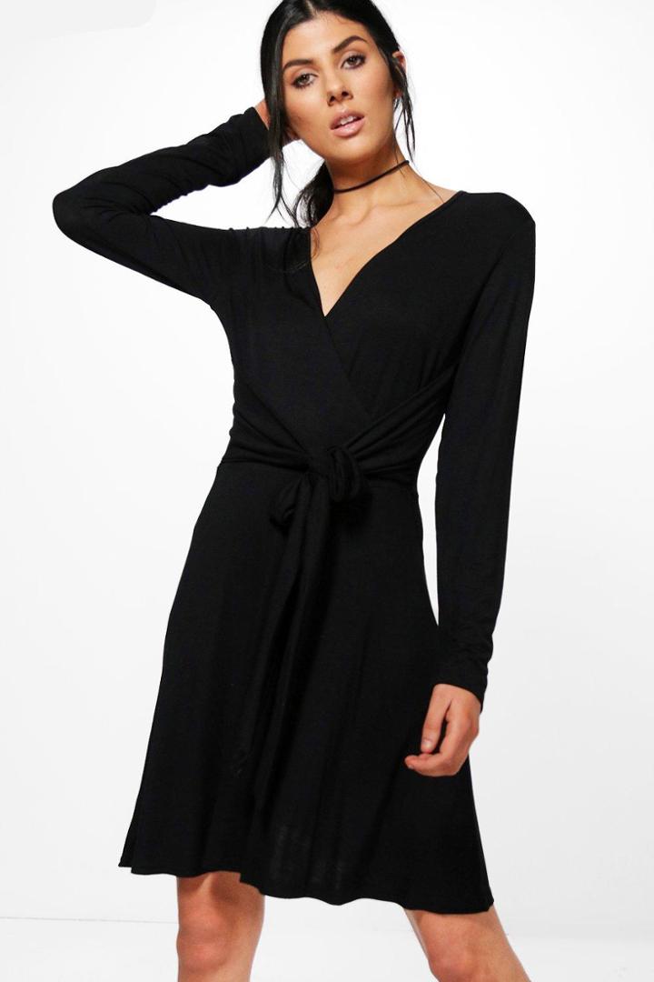 Boohoo Bonnie Wrap Tie Skater Dress Black