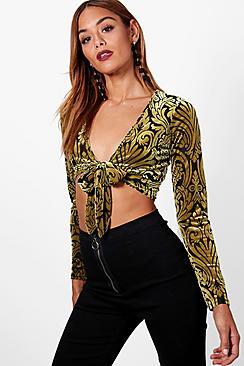 Boohoo Victoria Devore Tie Front Crop