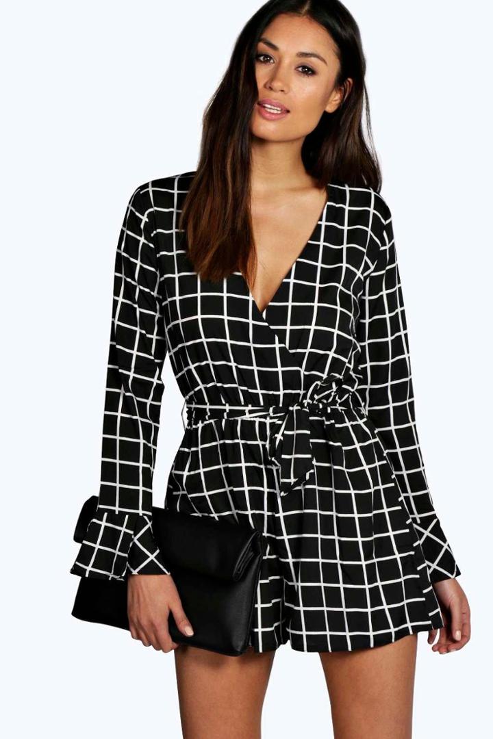 Boohoo Maya Grid Check Wrap Over Tie Belt Playsuit Black