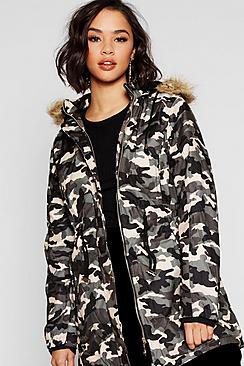 Boohoo Camo Faux Fur Trim Parka