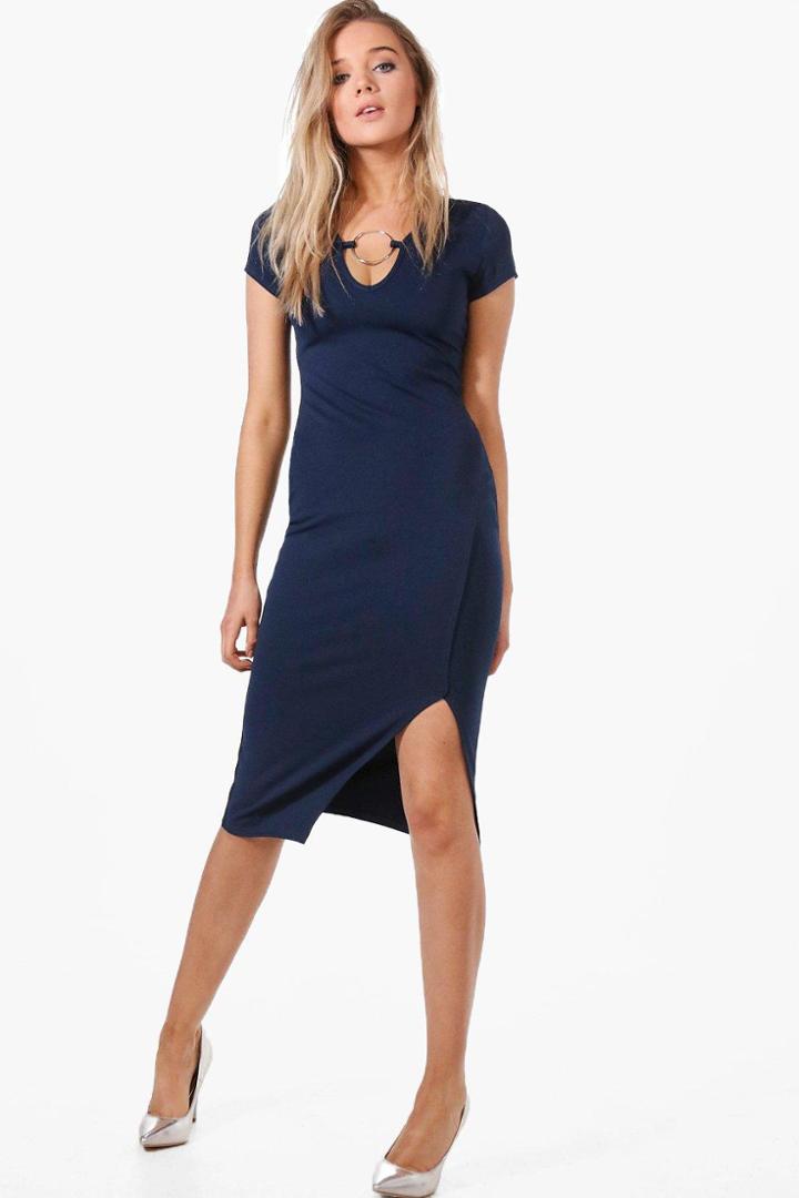 Boohoo Olivia O-ring Detail Midi Dress Navy