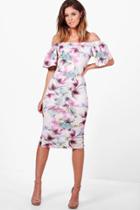 Boohoo Maddison Frill Sleeve Off The Shoulder Floral Midi Dress Multi