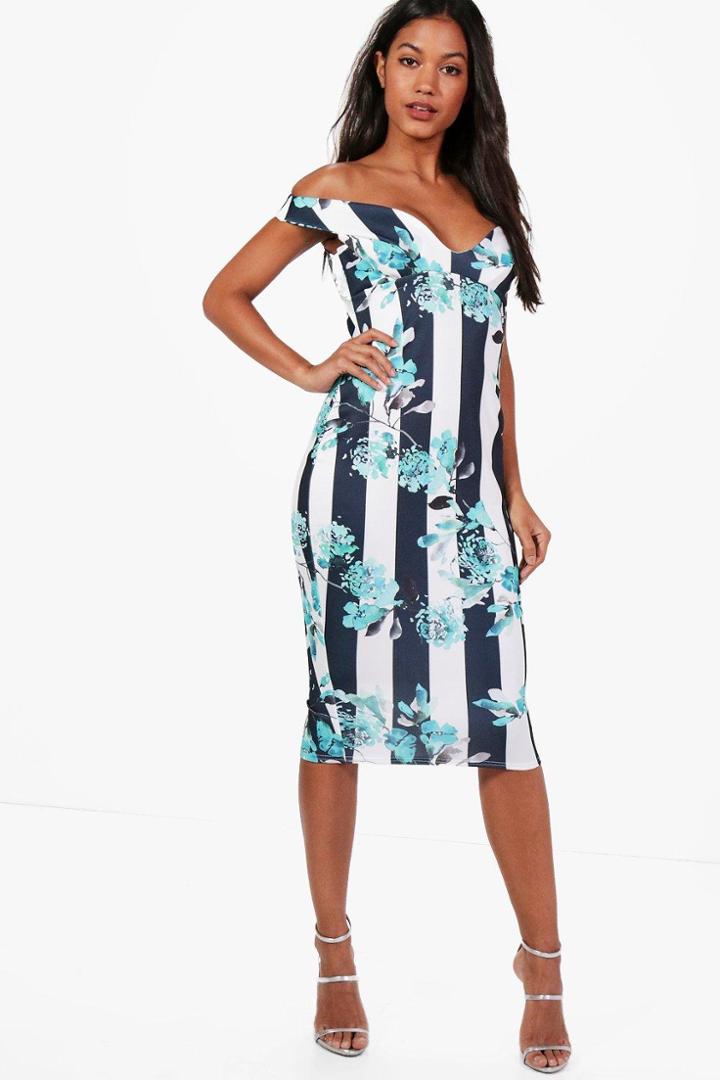 Boohoo Effie Stripe Floral Off The Shoulder Midi Dress Multi