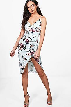 Boohoo Esme Strappy Floral Slinky Wrap Midi Dress