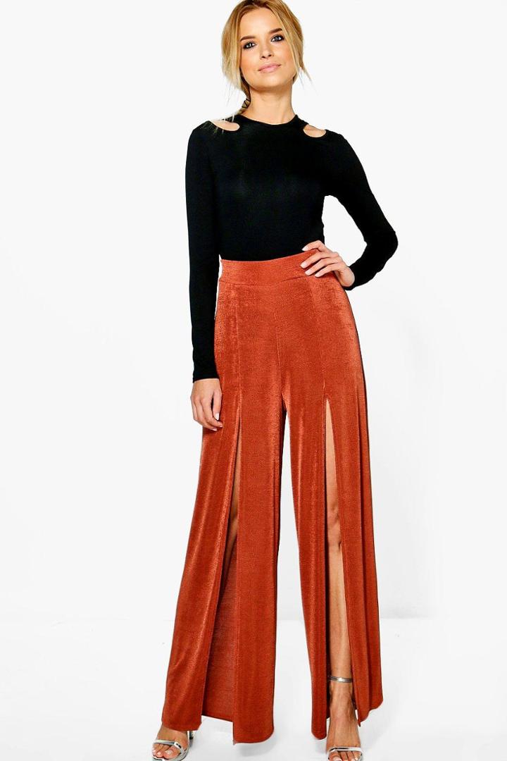 Boohoo Avah Thigh Split Slinky Wide Leg Trousers Tobacco