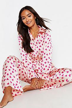 Boohoo Heart Print Satin Tie Front Pj Set