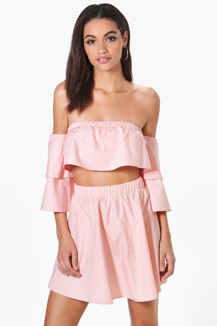 Boohoo Beth Off The Shoulder Woven Midi Skirt Co-ord Blush